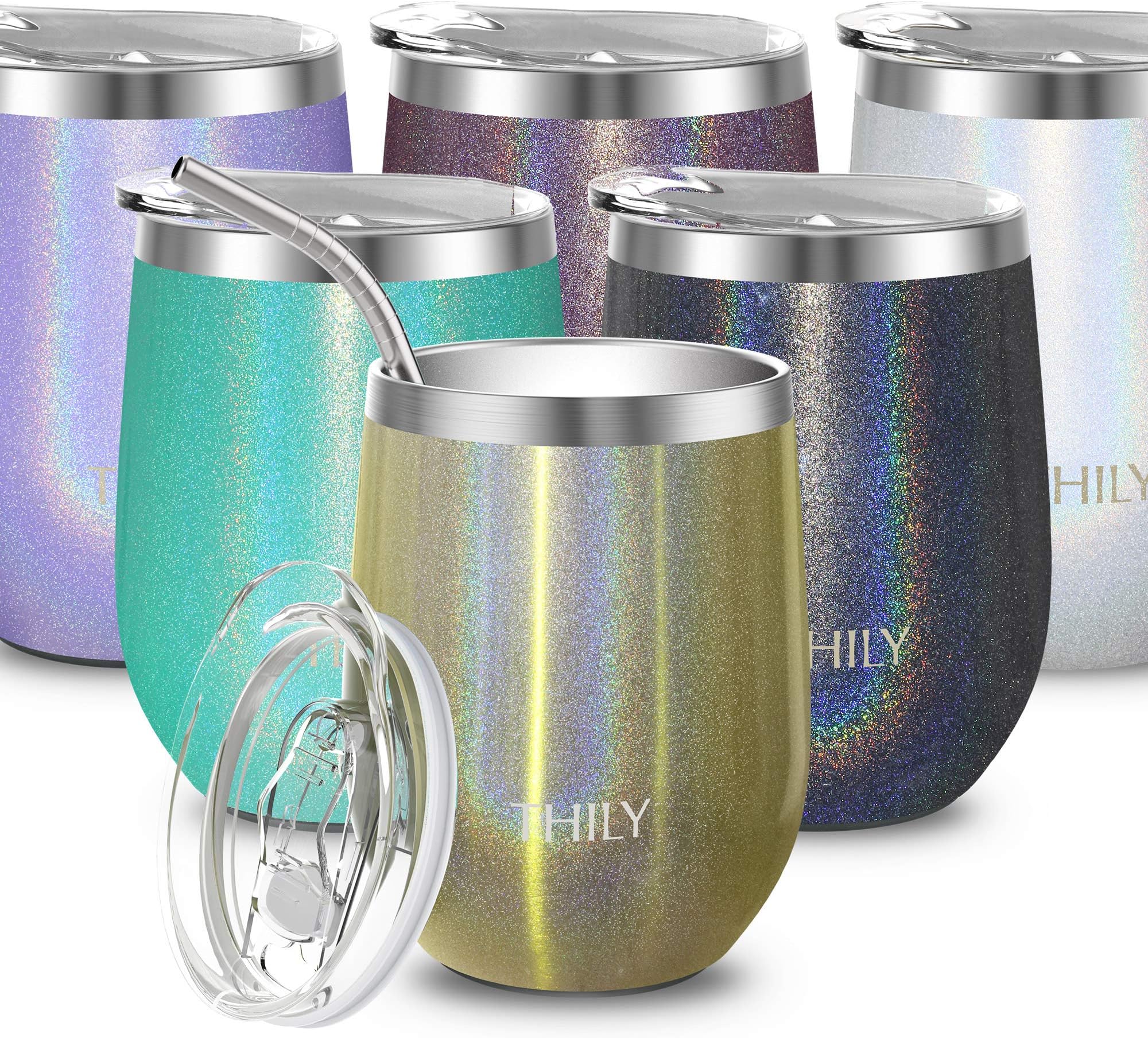 Stainless Steel Wine Tumbler Insulated - THILY T2 Triple-Insulated Stemless Cute Travel Wine Glass Cup with Spill Proof Lid and Reusable Straw, Keep Hot or Cold for Coffee, Beer, Glitter Champagne