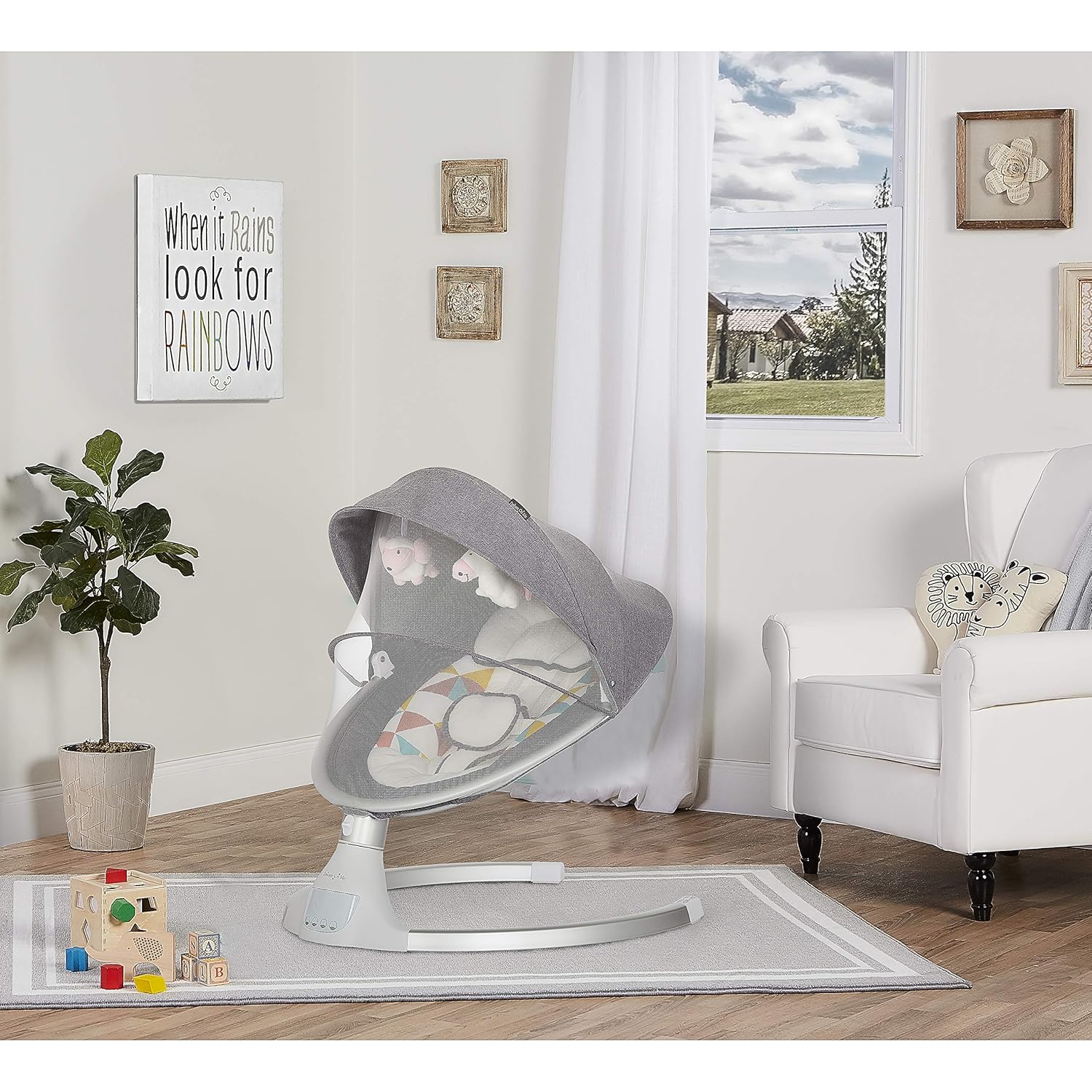 dream on me zazu cradling swing in grey and pink