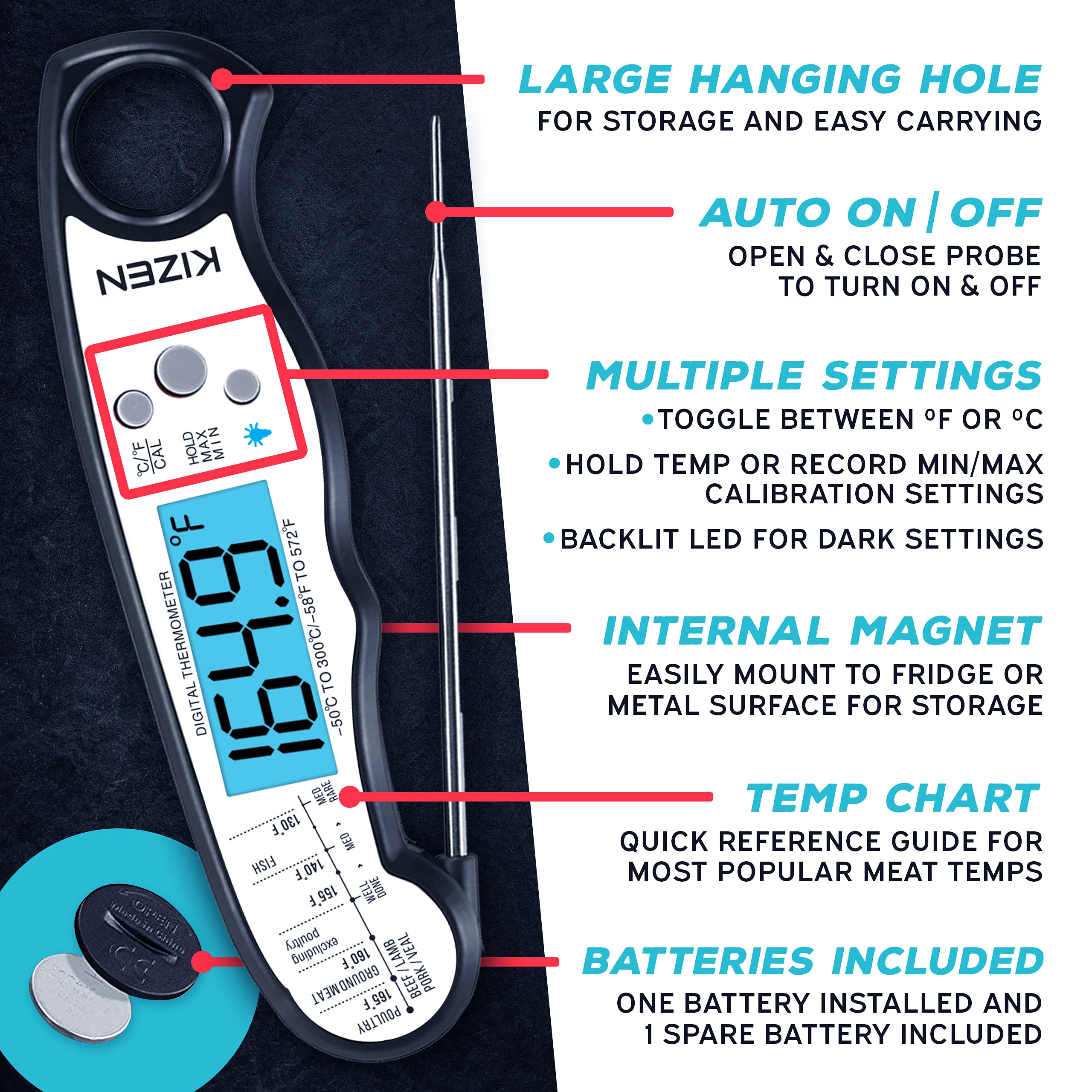 KIZEN Digital Meat Thermometer with Probe Instant Read Food