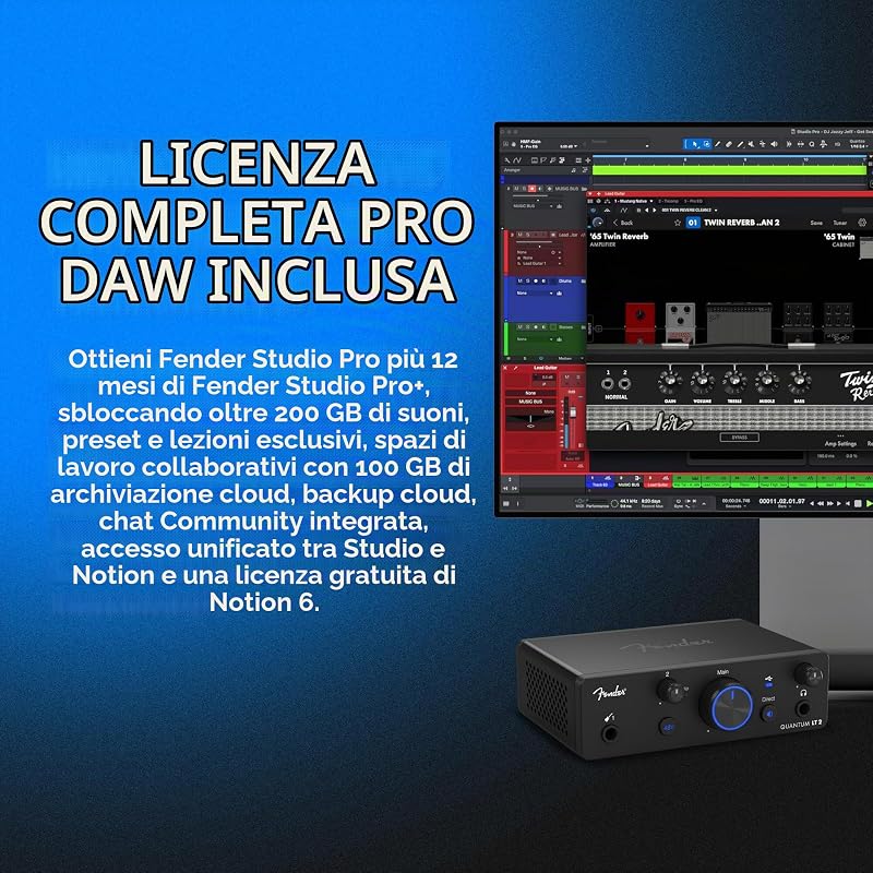 Quantum Creator Bundle | Kit di registrazione home-studio con interfaccia USB-C Quantum LT 2, supporto microfono, Fender Studio Pro, Pacchetto studio per principianti
