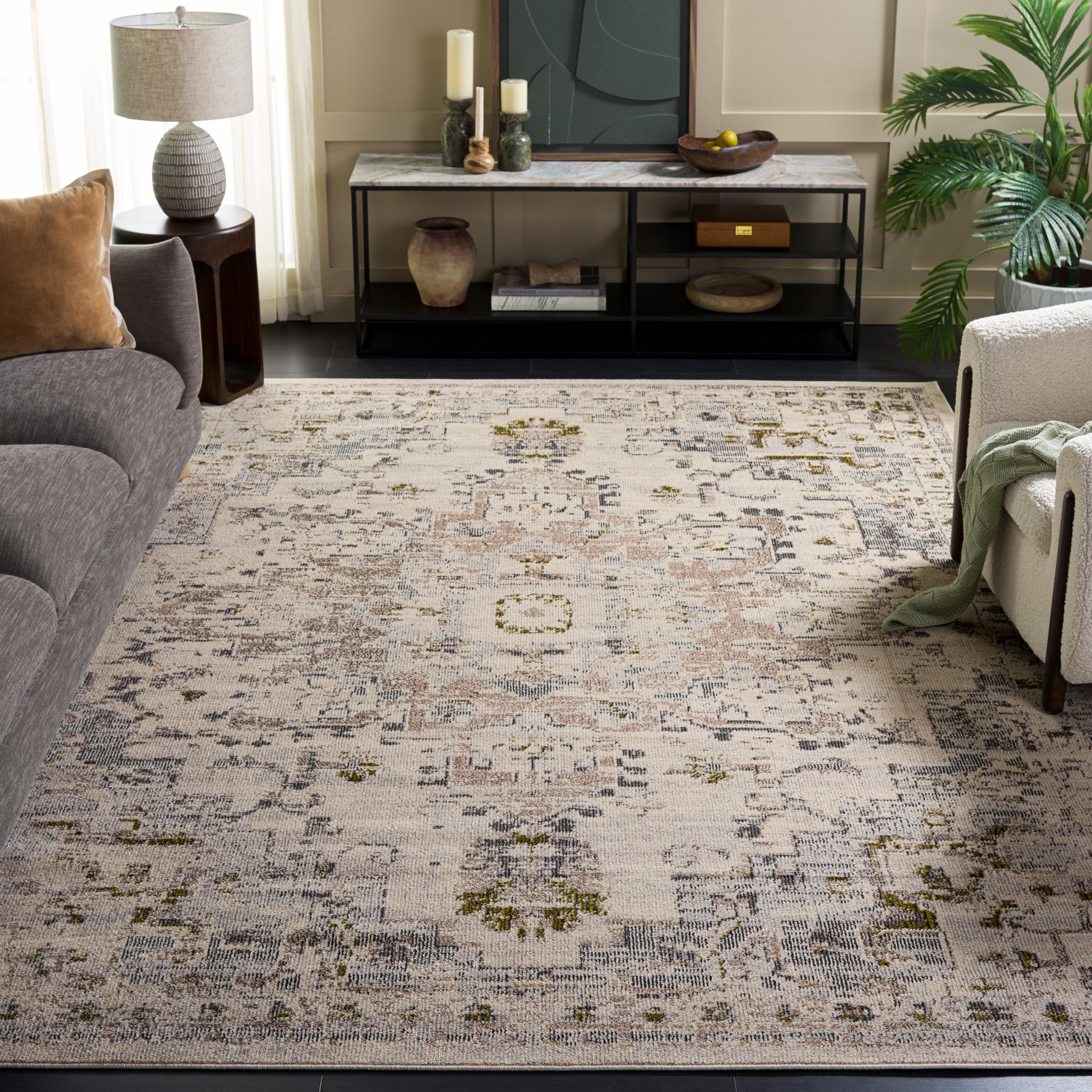 SAFAVIEH 9x12 Area Rug - Madison Collection - Ivory & Grey Gold, Distressed Medallion Design, Non-Shedding & Easy to Clean, Ideal for Living Room, Bedroom, Dining Space (MAD473H)