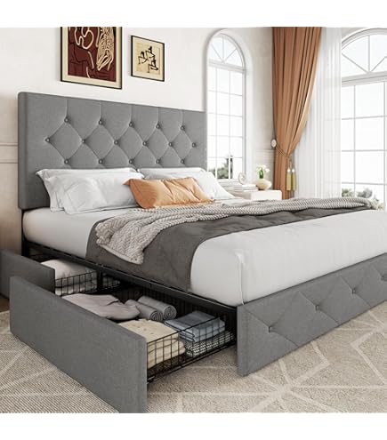 Allewie Upholstered Queen Size Platform Bed Frame with 4