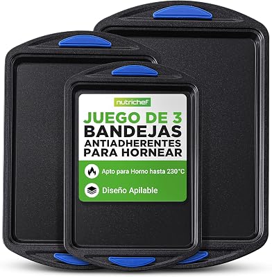bandejas horno, Set de 3, Mangos de silicona, Apilables, Acero al carbono resistente, Antiadherente