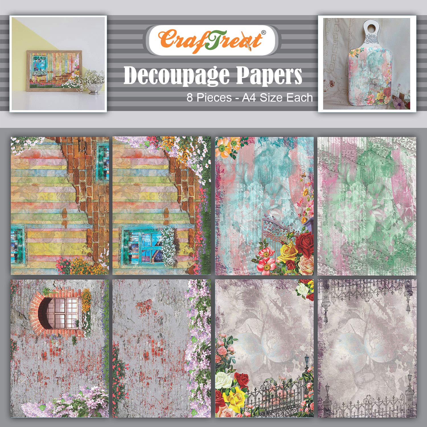 CrafTreat Reusable Decoupage Paper for Crafts and Furniture - Vintage Window and Gate - Size: A4 (8.3 x 11.7 Inch) 8 Pcs - Furniture Decoupage Paper with Garden - Papers for Wood and Scrapbooking