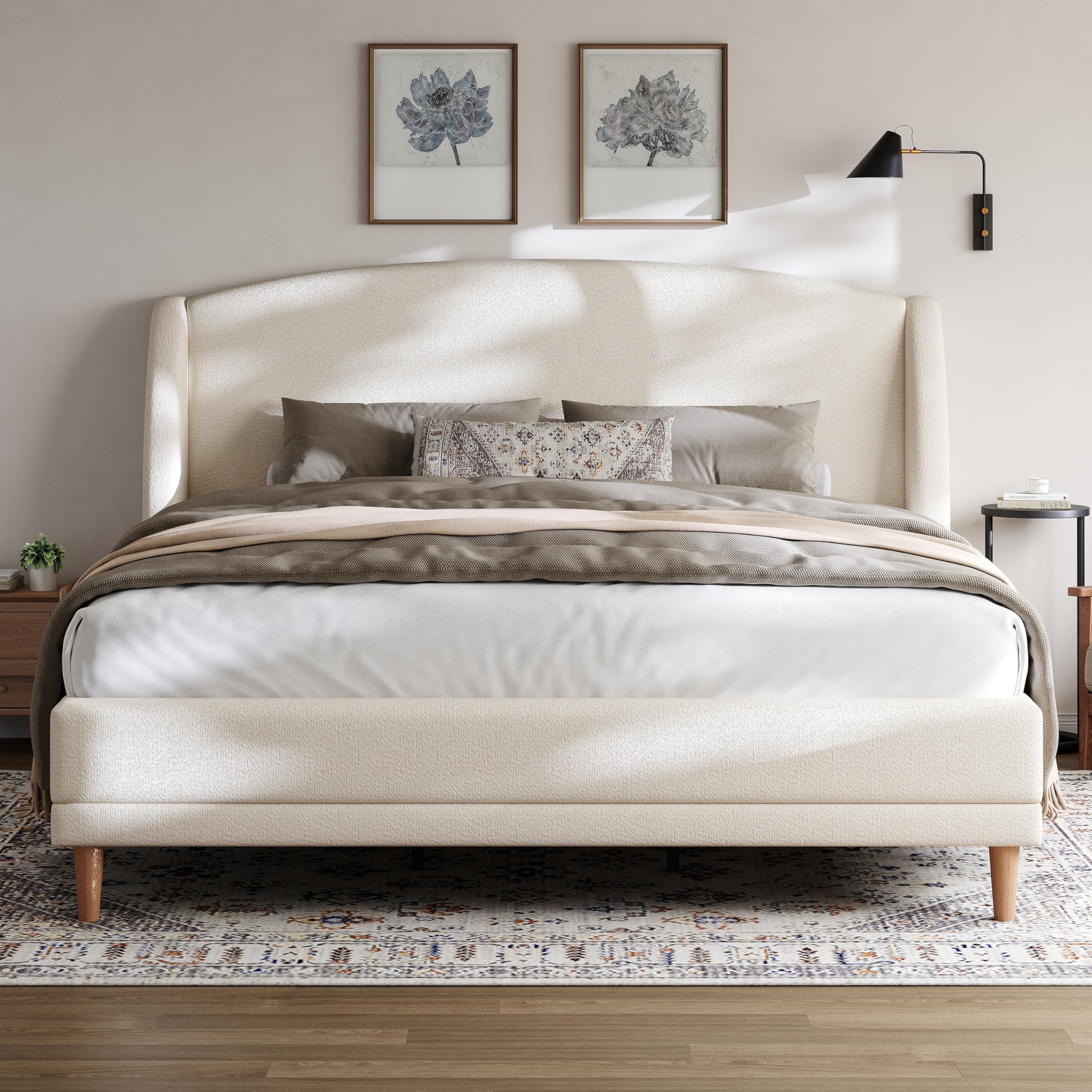 Photo 1 of Christopher Knight Home Hazel King Size Bed Frame, Upholstered Platform Bed, Soft Boucle Wingback Headboard, Wood Bed Support and Slats, Curved-Shaped Headboard King Beds for Adult, 45.60" H White