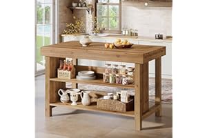 TRIBEWOOD Solid Wood Large Kitchen Island, 3-Tier 55 Inch Stationary Center Island Table with Open Storage Shelves, Farmhouse