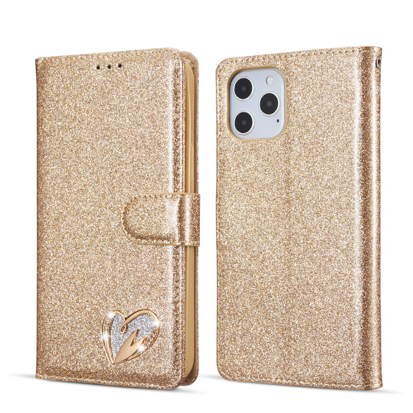 QLTYPRI Case for iPhone 12 Pro Max, Glitter PU Leather TPU Bumper Card Holder Wrist Strap Wallet Case with Inlaid Heart Diamond Flip Cover for iPhone 12 Pro Max (6.7 inch) - Gold
