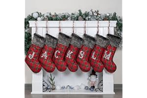 JEKOSEN Red Plaid Classic Christmas Stockings with Glitter Silver Embroidered Initials Black Faux Fur Plush Cuff Traditional Hanging Xmas Stockings for Christmas Fireplace Decorations Socks 1 Pack J