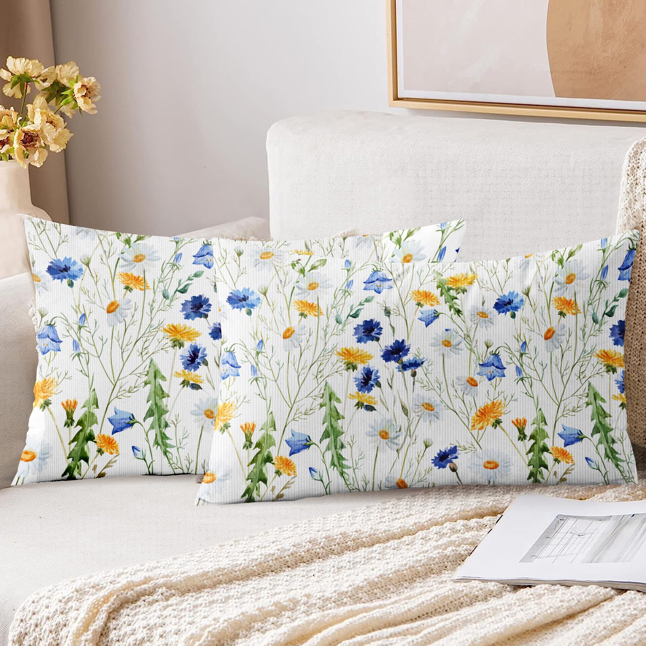 XPHZZL Cushion Covers Set of 2 Pack 30 x 50 cm - Soft Double Sided Garden Floral Decorative Rectangle Cushion Covers for Sofa Bed Garden Outdoor Spring Decor with Invisible Zipper 12 x 20 Inch-White