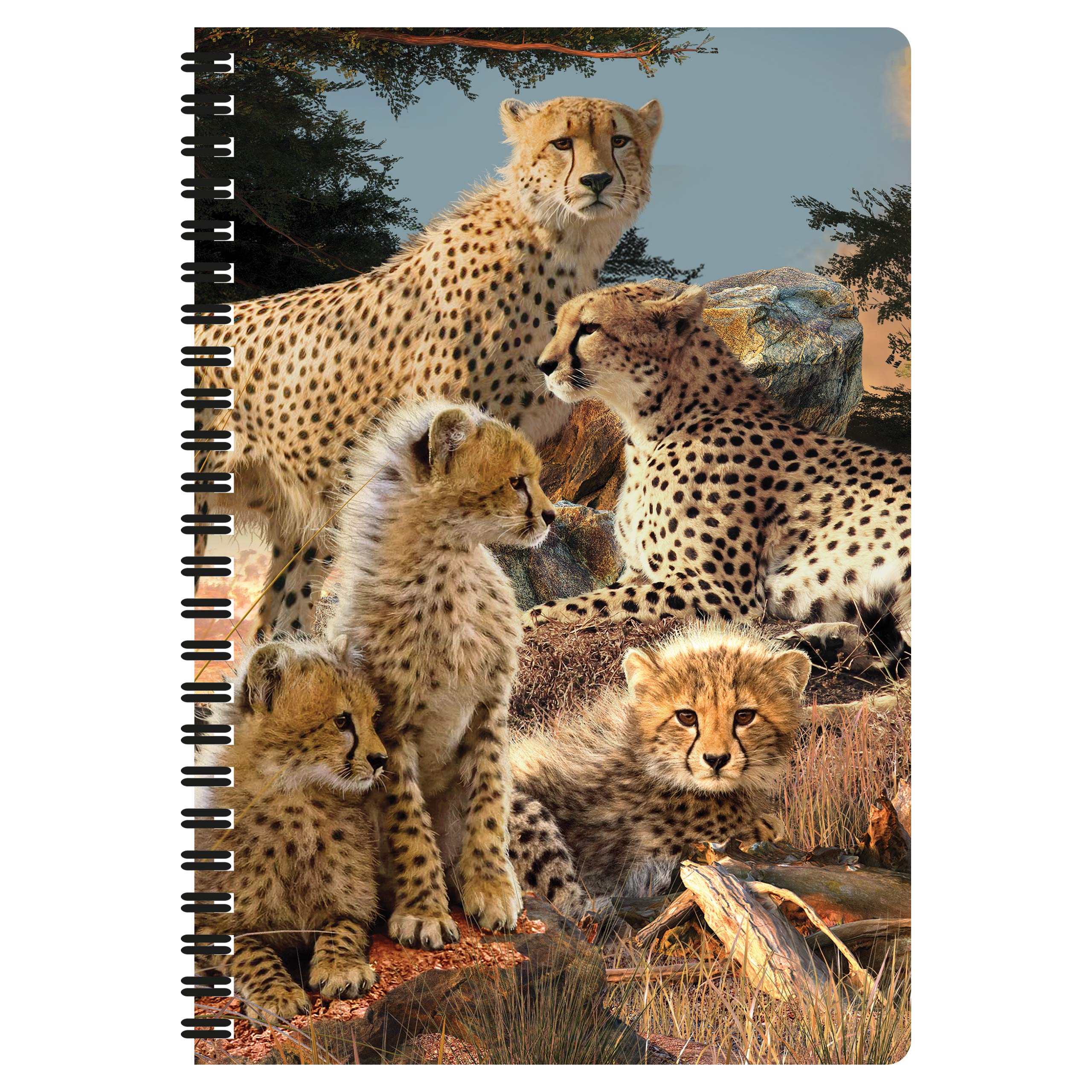 3D LiveLife A5 Notebook - Cheetah Clan from Deluxebase. Spiral Bound Lined Notebook with 80 Recycled Pages, 3D Cheetah Art Notebooks for Work, Gifts and School Supplies, (21 x 14.5 cm).