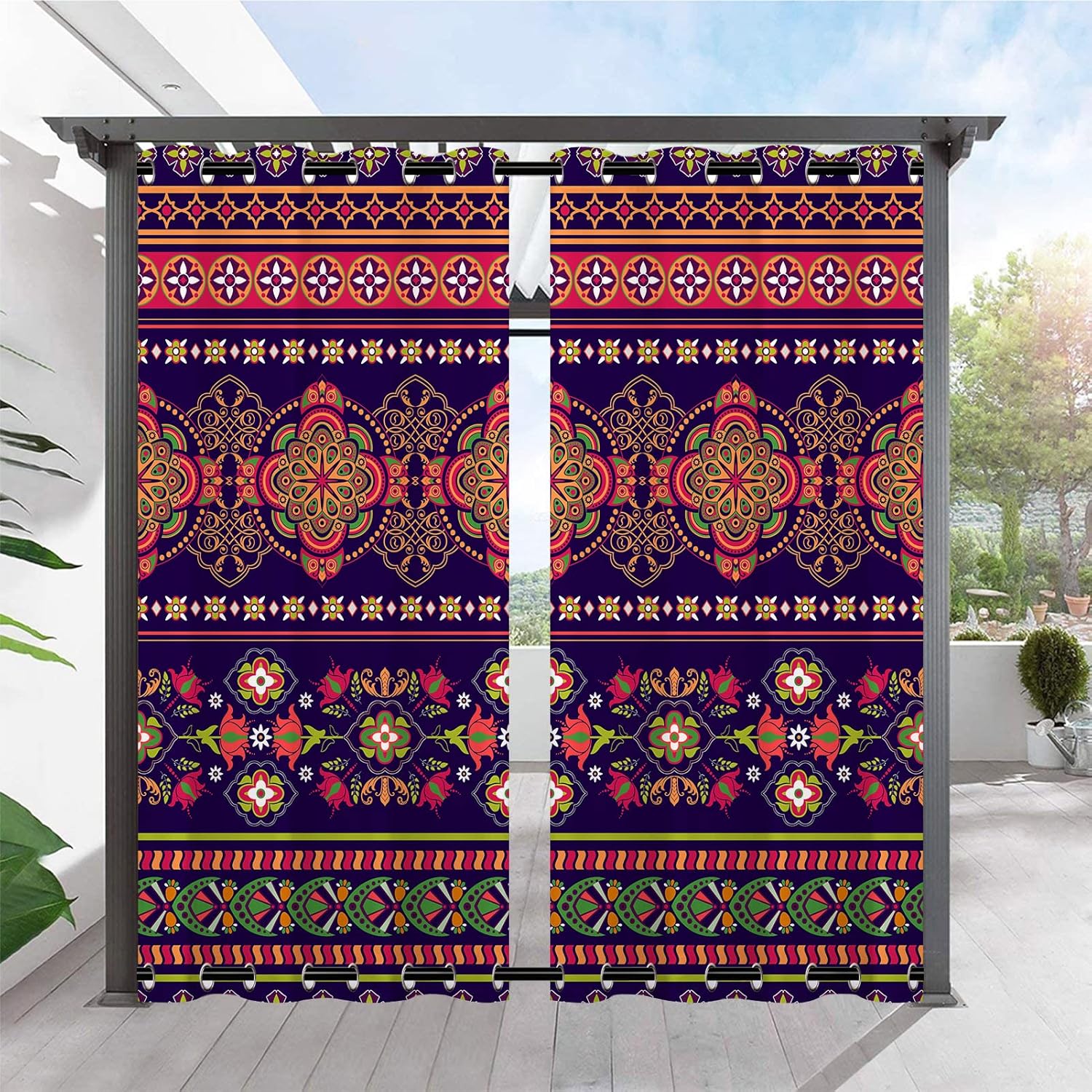Outdoor Curtains - ANHOPE Outdoor Curtains Waterproof Grommet Top & Bottom Windproof Outside Curtains with Ethnic Geometric Floral Stripe Print Pattern Privacy Curtains for Patio Gazebo Pergola 2 Panels 36 x 84 Inch