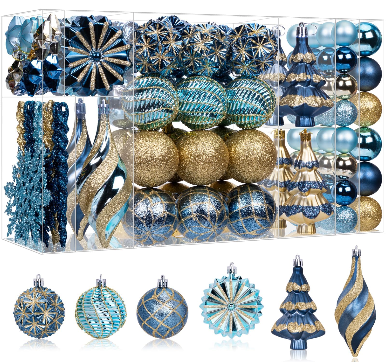 Photo 1 of 108 Pcs Christmas Ball Ornaments Set, Blue and Gold Shatterproof Hand-Painted Hanging Bulbs Decoration for Xmas Tree, Wreath, Garland, Home Holiday Decor