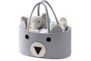 InfiBay Baby Diaper Caddy Organizer, Large Bear Cotton Rope Nursery Baby Shower Gifts, Changing Basket Table Baby Diaper Storage Portable Car Organizer, Baby Newborn Essentials-Gray