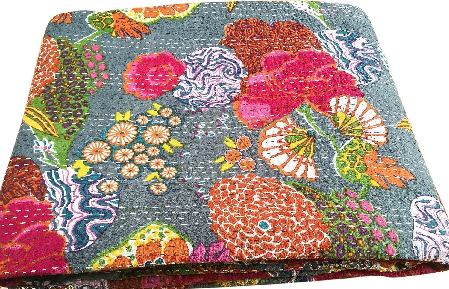 PUSHPACRAFTS GREY KANTHA FLORAL PRINTED QUEEN SIZE (90x108) INCHES GUDARI BEDSPREAD RALLI COTTON HANDMADE MULTICOLOR BEDCOVER QUILT BEDDING FLORAL PRINT