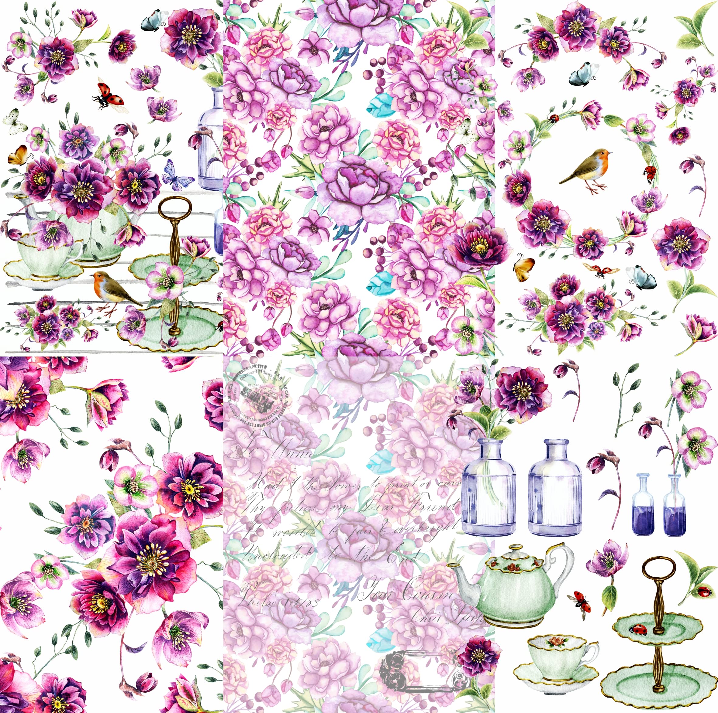 Tea Rose Theme Mulberry Rice Paper, 20.5 x 26.5cm - 6 x Different Printed Mulberry Paper Images 30gsm Visible Fibres for Decoupage Crafts Mixed Media Collage Art