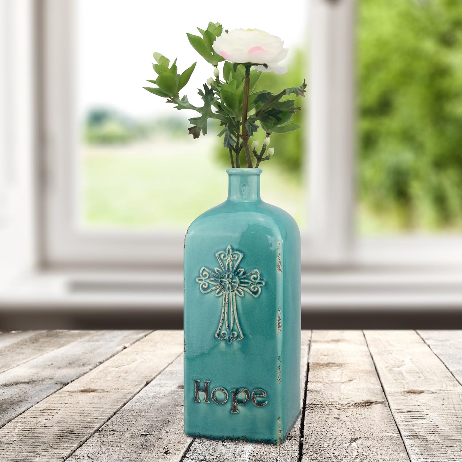 Stonebriar Decorative 12” Worn Turquoise Ceramic Bottle with Cross Detail, French Country Home Decor Accents, Vintage Vase Decoration for Dried or Artificial Flowers: Home & Kitchen