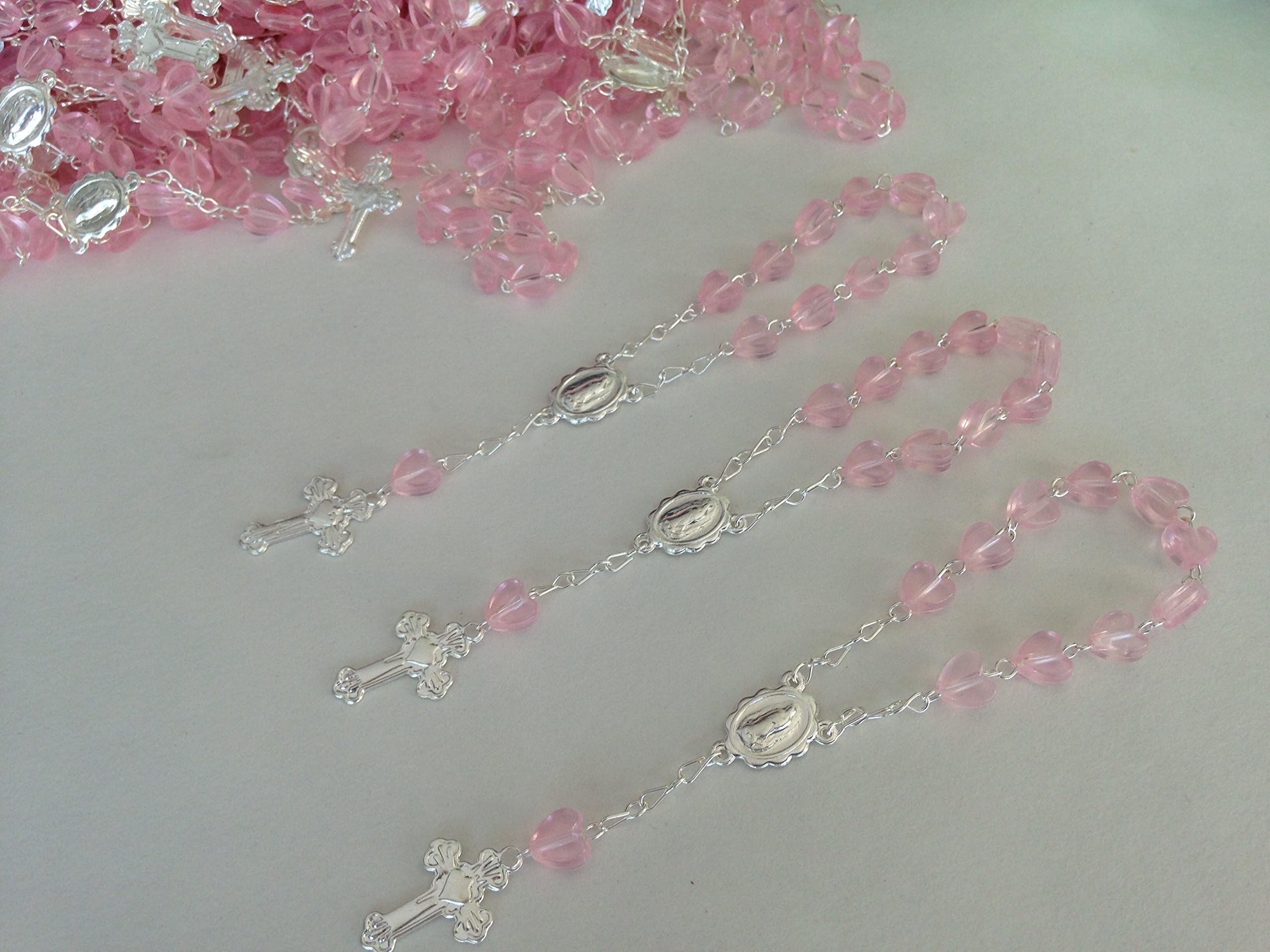 25 Pc Baptism Favors Pink Tiny Hearts Silver Plated Mini Rosaries Silver Plated Acrylic Beads/ Recuerditos De Bautismo/ Christening Favors/ Decenarios/ Decades/ Finger Rosaries