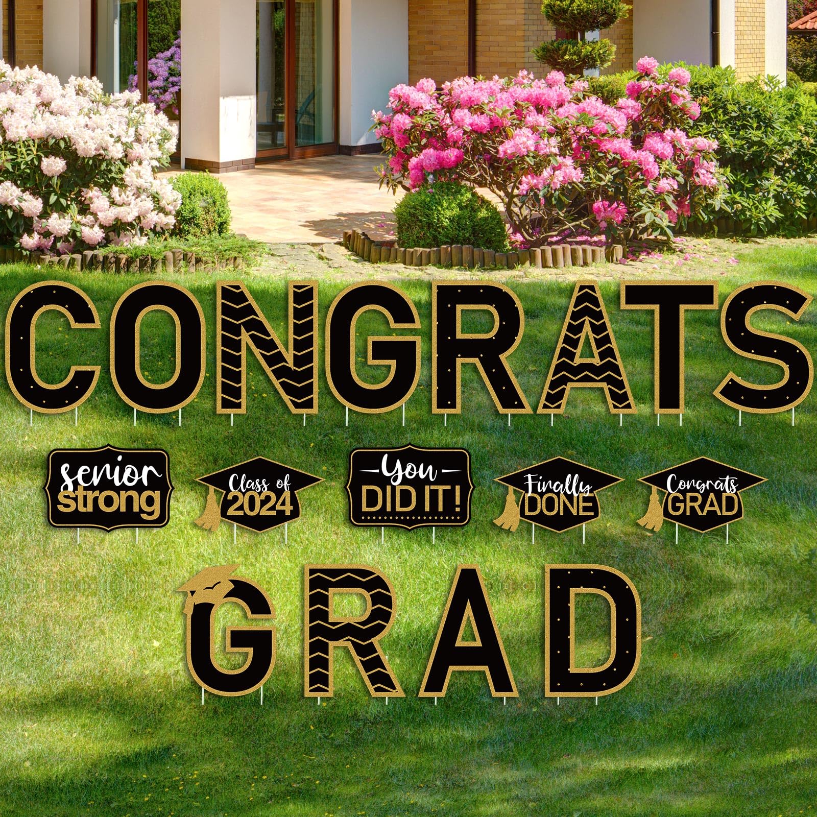 Photo 1 of 17 Pieces 2025 Graduation Decoration Outdoor Congrats Grad Yard Sign Class of 2025 Garden Lawn Sign with 35 Stakes for Grad Party Outdoor Decor(Black)