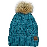 C.C Beanie Women’s Thick Cable Knit Faux Fuzzy Fur Pom Lattice Crossover Fuzzy Lined Skull Cap Cuff Beanie