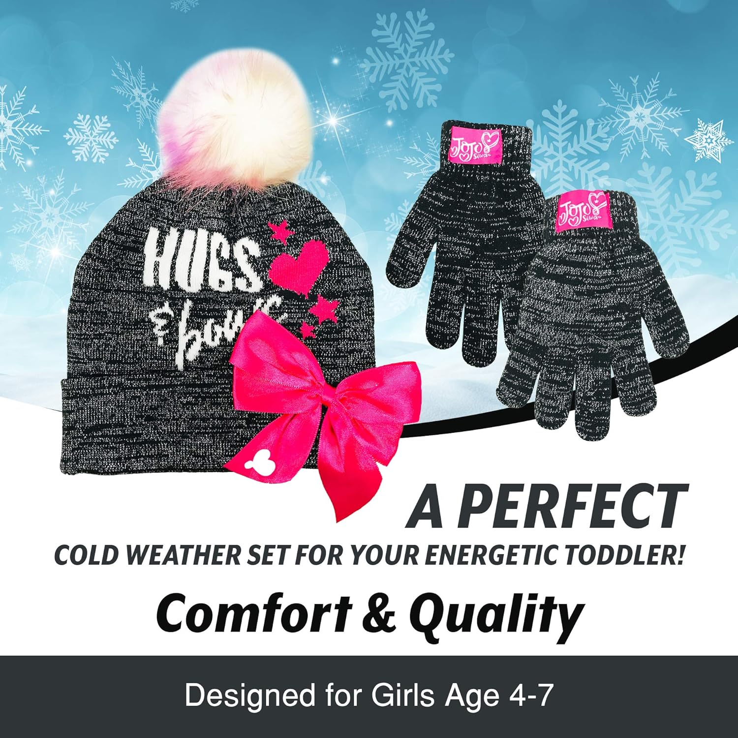 Nickelodeon JoJo Siwa Hugs & Bows Girls Winter Hat and Gloves Cold Weather Set, Age 4-7: Clothing