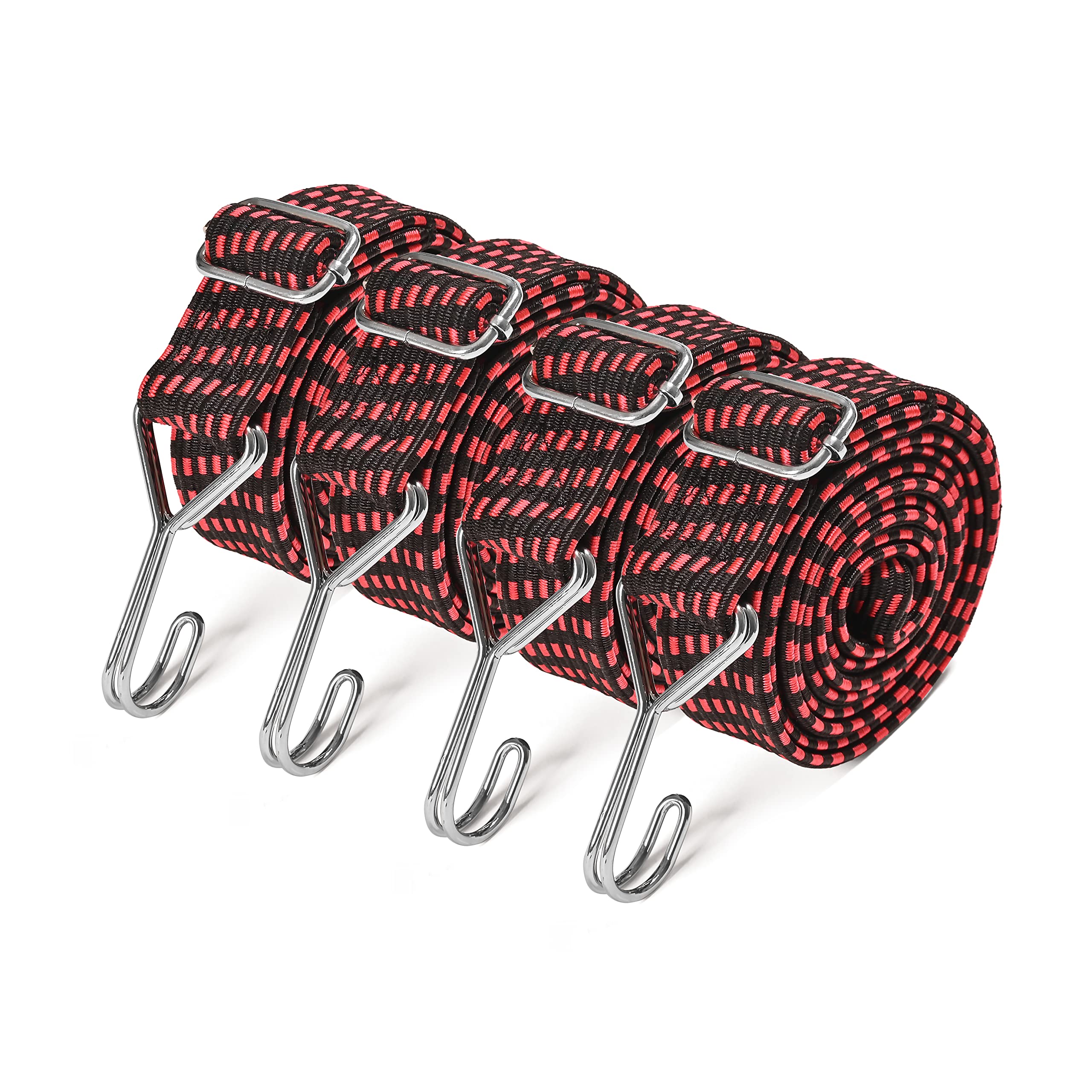 Yorkmills Bungee Cords with Hooks, 120cm 4 Pack Heavy Duty bungee straps with hooks, Adjustable Rubber Rope with Metal Buckle, Extra Strong Flat Elastic Straps for Luggage Roof Racks Moving Cargo