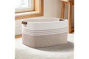 72L Large Woven Laundry Basket with Removable Leather Handles, Cotton Rope Storage Bin for Blankets, Kids Toys, Clothes & Bab