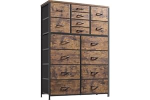 EnHomee Tall Dresser for Bedroom,16 Drawer Dressers & Chests of Drawers, Fabric Bedroom Dresser with Wood Top, Metal Frame,Storage Drawer for Closet Entryway,Rustic Brown