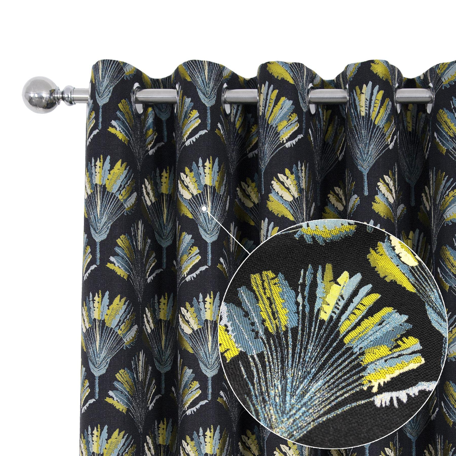 always4u Jacquard Curtains Lining Eyelet Thermal Insulating Nature Style Woven Banana Leaf Pattern For Bedroom Living Room Window Treatment A Pair Black Yellow 66 * 72