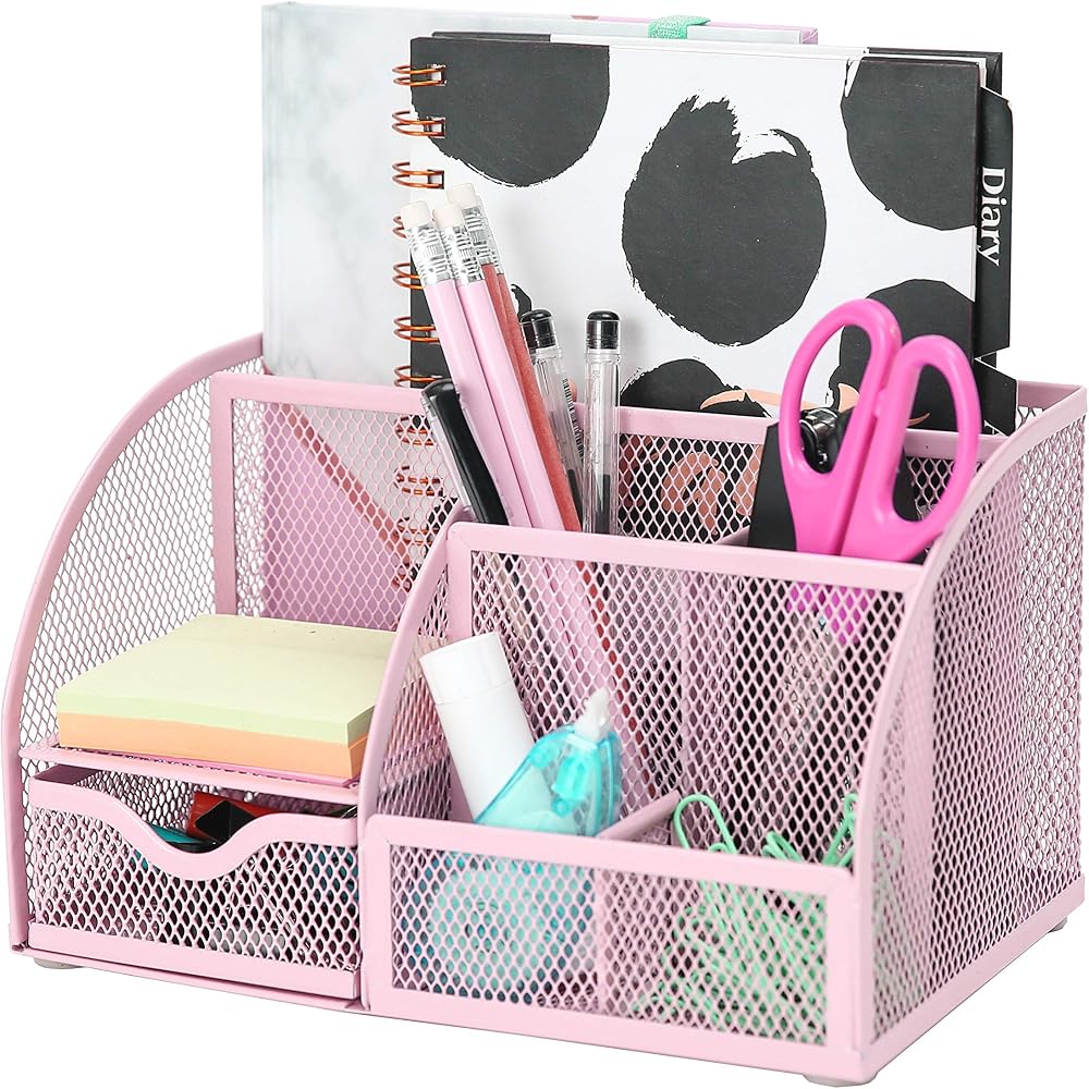 EXERZ Desk Organiser Mesh Desk Tidy Caddy 7 Compartments Light Pink