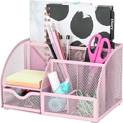 EXERZ Desk Organiser Mesh Desk Tidy Caddy 7 Compartments Light Pink