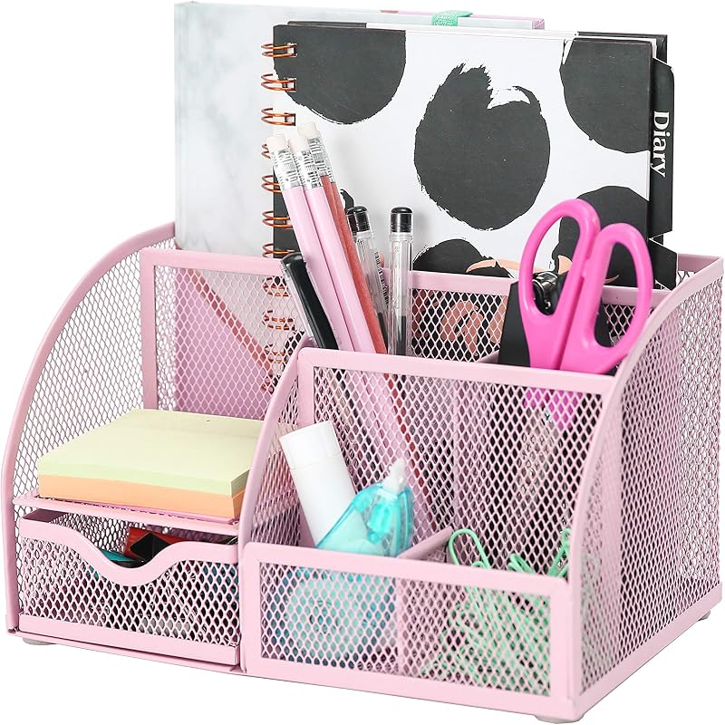 EXERZ Desk Organiser Mesh Desk Tidy Caddy 7 Compartments Light Pink