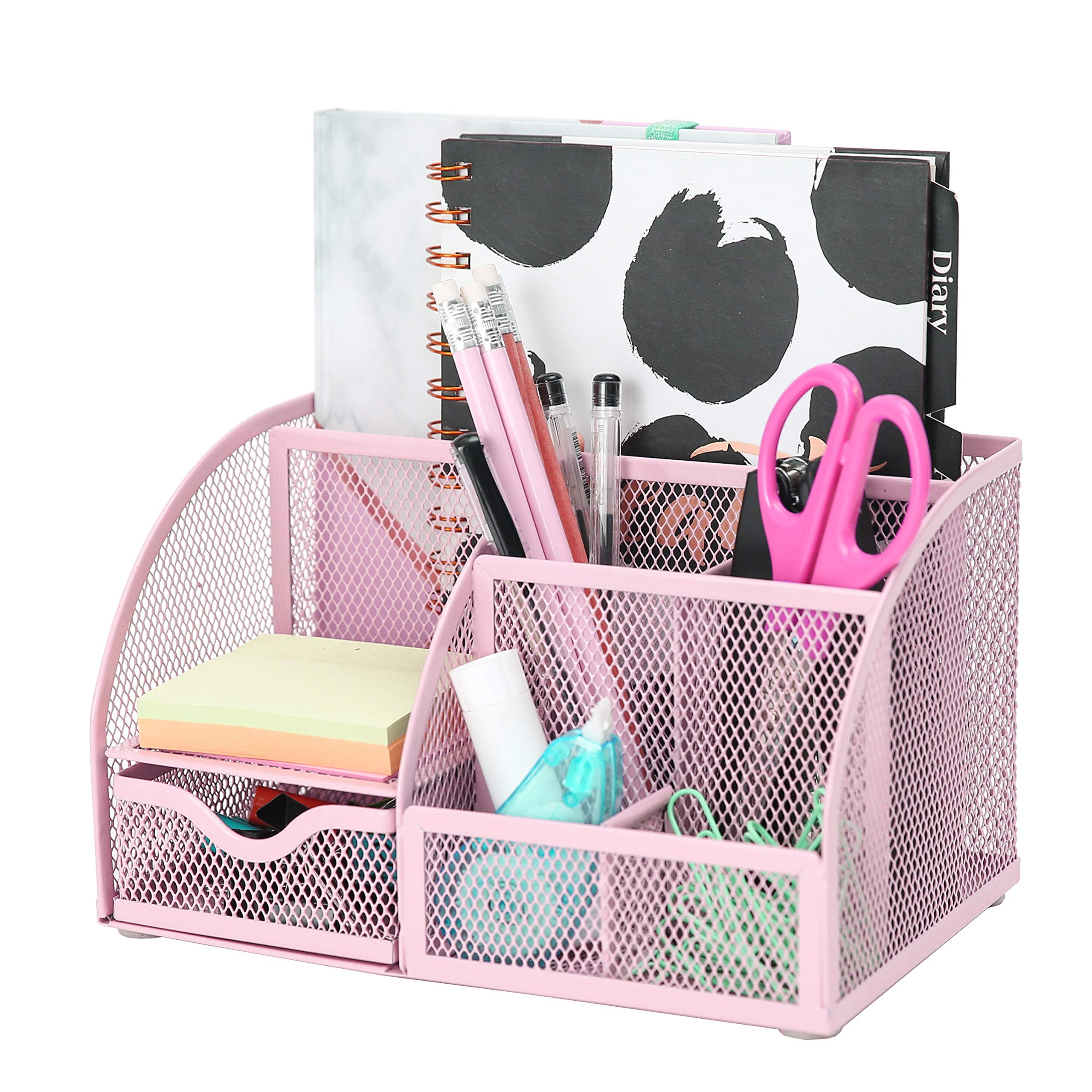 EXERZ Desk Organiser/Mesh Desk Tidy Caddy/Pencil Holder Multifunctional with 7 Compartments- Light Pink