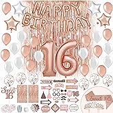 PartyHooman Sweet 16 Birthday Decorations Rose Gold With Sweet 16 Sash and Tiara Set, 2Pcs Backdrop, 25Pcs Pre-assembled Photo Booth Props, Balloons, Cake Topper | 16th birthday decorations for girls