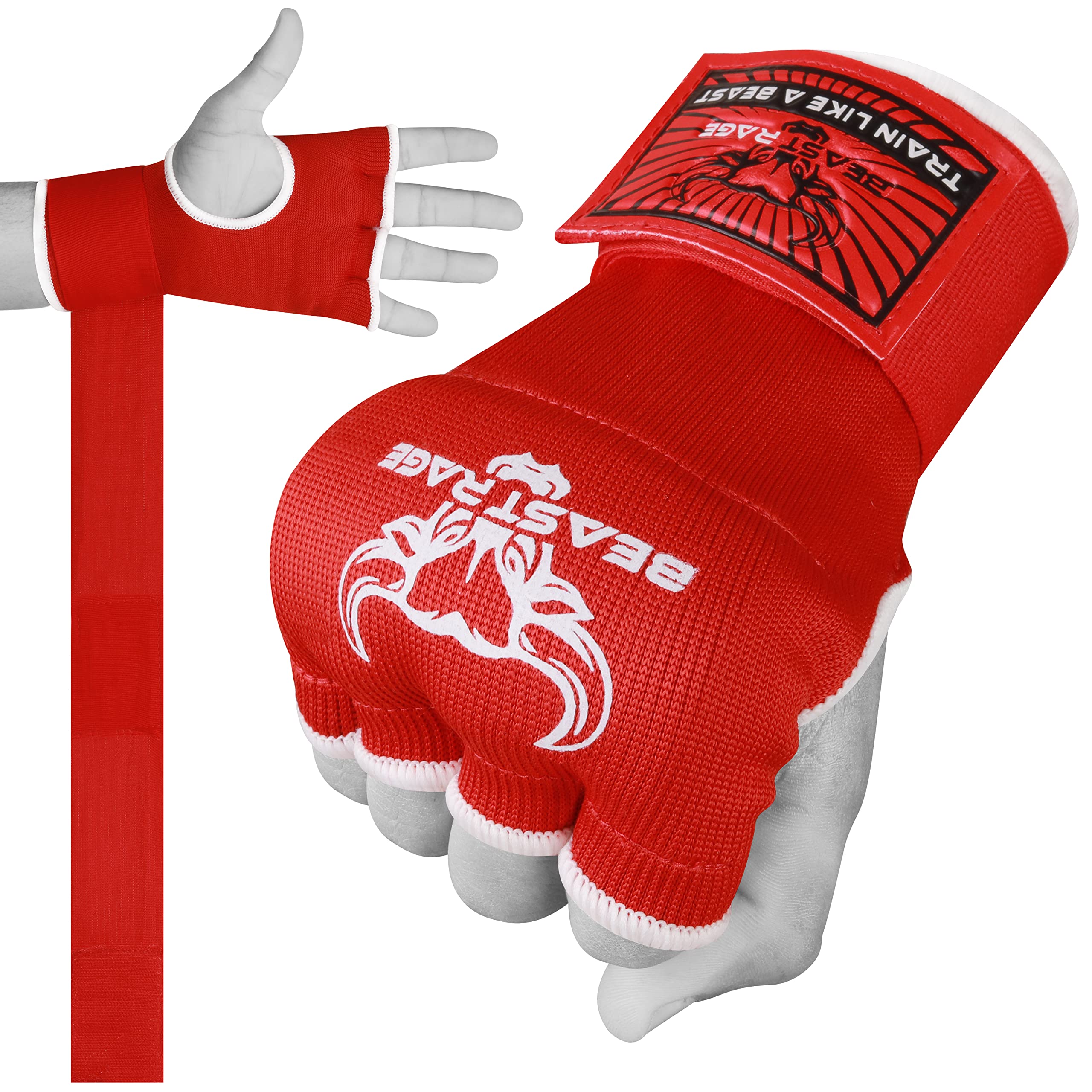 BEAST RAGE Boxing Wraps Hand Gel Gloves MMA 75cm Long Wrap Padded Elasticated Quick Boxing Punching Bag Training Muay Thai Hand Wraps set UFC Bandages For Mens Ladies kids (L (Adult), Red)