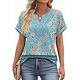Sipaya Womens Blouses Dressy Casual Summer Shirts Short Sleeve Lace Front Boho Tunic Tops for Leggings Fashion Clothes
