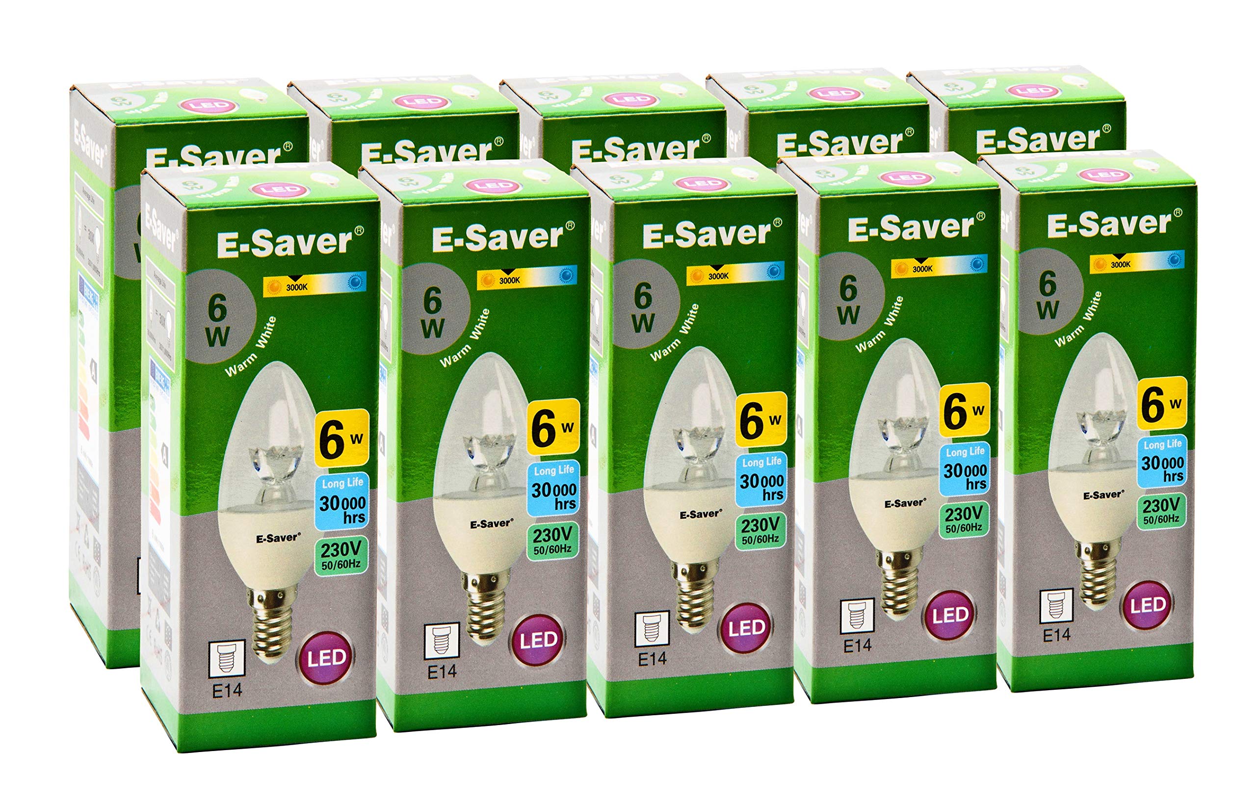 E-Saver - LED C37 Clear Candle 6w- Led Light Bulbs - (Pack of 10) - Warm White 3000k - E14 - Small Edition Screw (SES) - Replaces 60w Halogen Candles - New Chip Technology - Non Dimmable
