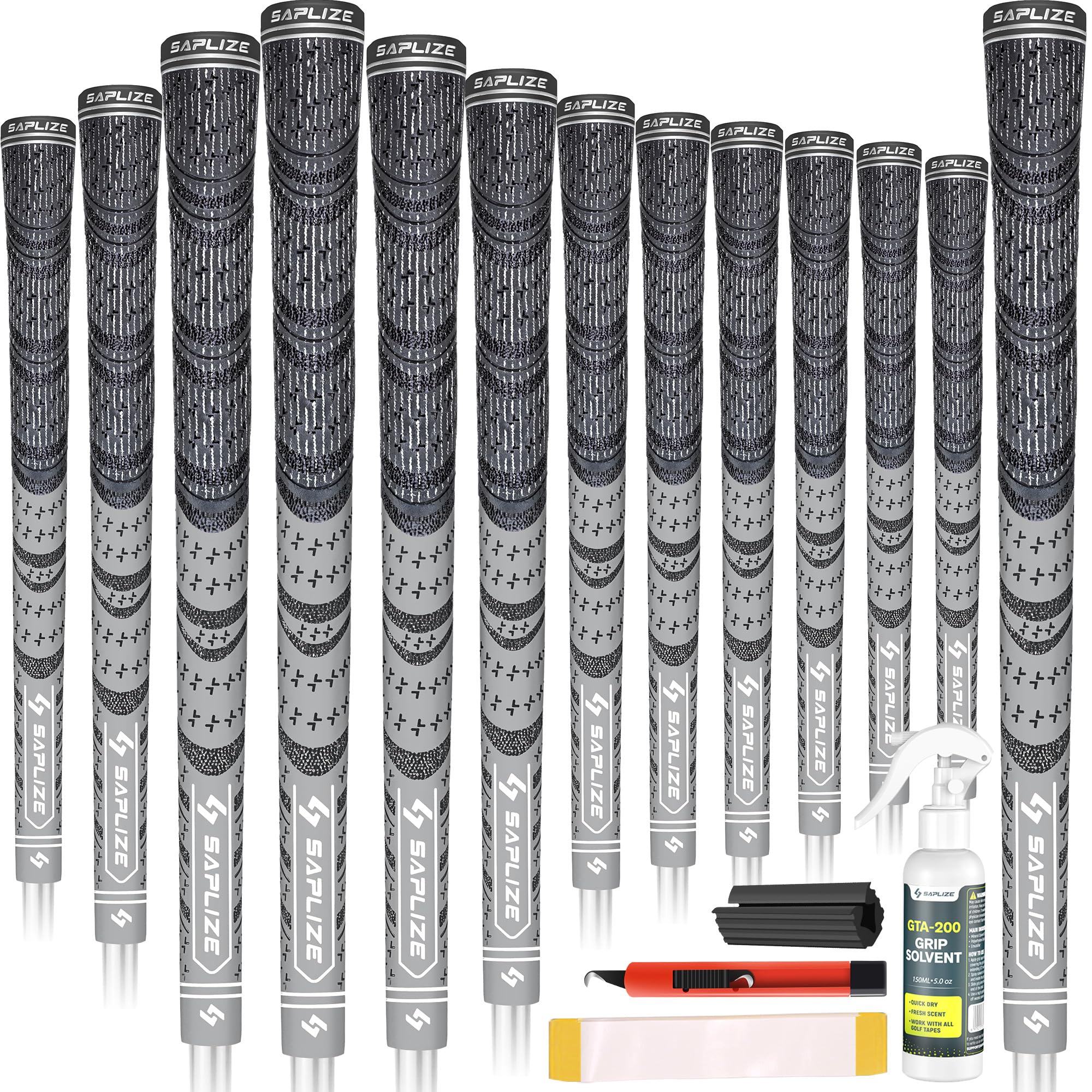 SAPLIZE Golf Grips 13 Piece with Complete Regripping Kit, Midsize, Cord Rubber, Hybrid Golf Club Grips, Gray