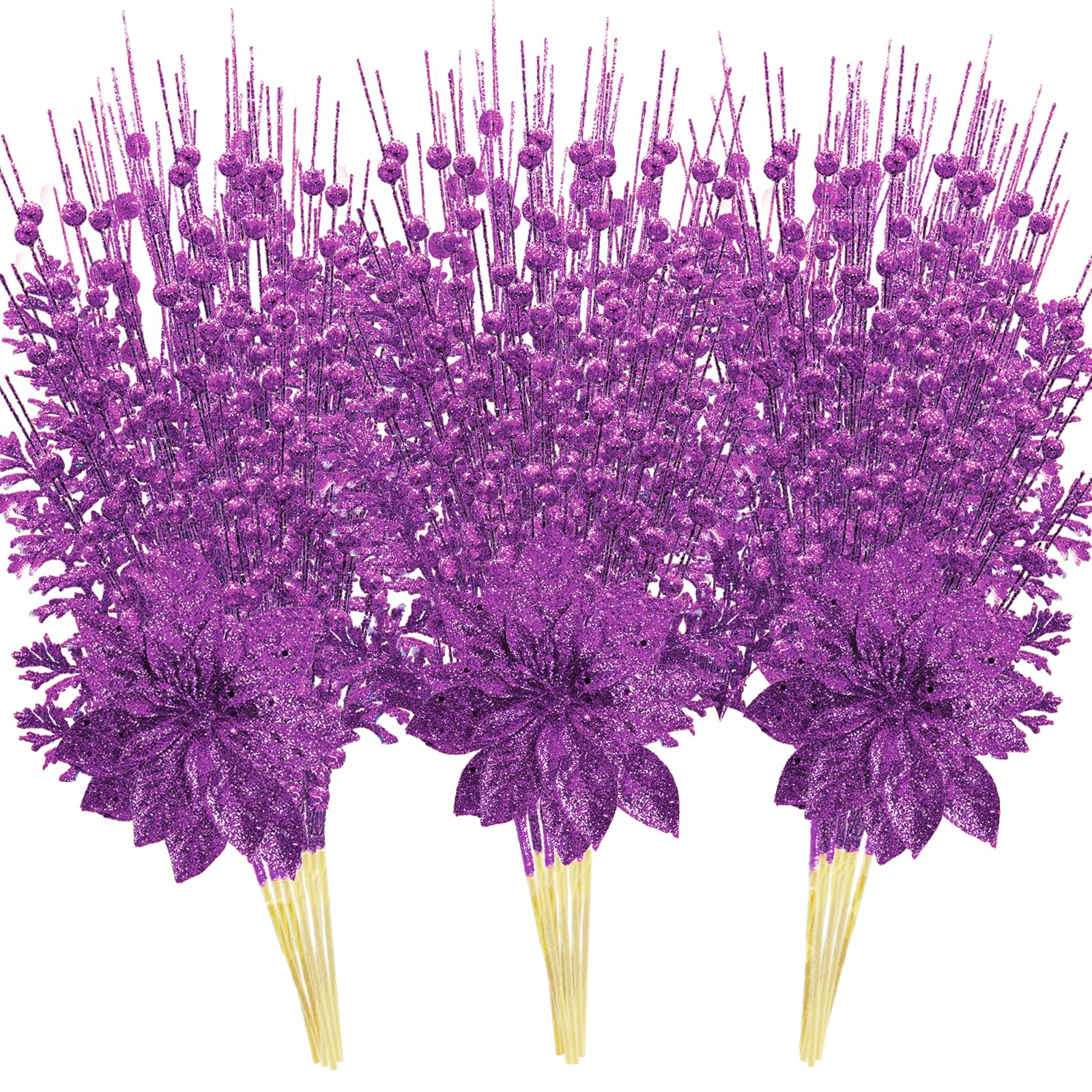 Photo 1 of 18 Pack Christmas Tree Ornaments Set, 17.5 Inch Purple Fake Christmas Picks Decorations with 2 Styles, Artificial Glitter Berry Stem Ornaments for Christmas Tree Wedding Small Vase Wreath Decor