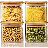 21oz - 4 Pack Square Glass Jars with Bamboo Lids, Glass Food Storage Containers with Airtight Lids, Air Tight Pantry Storage Containers for Coffee, Sugar, Spice, Meal Prep Jars for Salad & Fruit