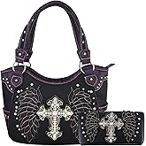Western Style Rhinestone Cross Studded Laser Cut Wings Tooled Leather Purse Women Handbags Country Shoulder Bag Wallet Set