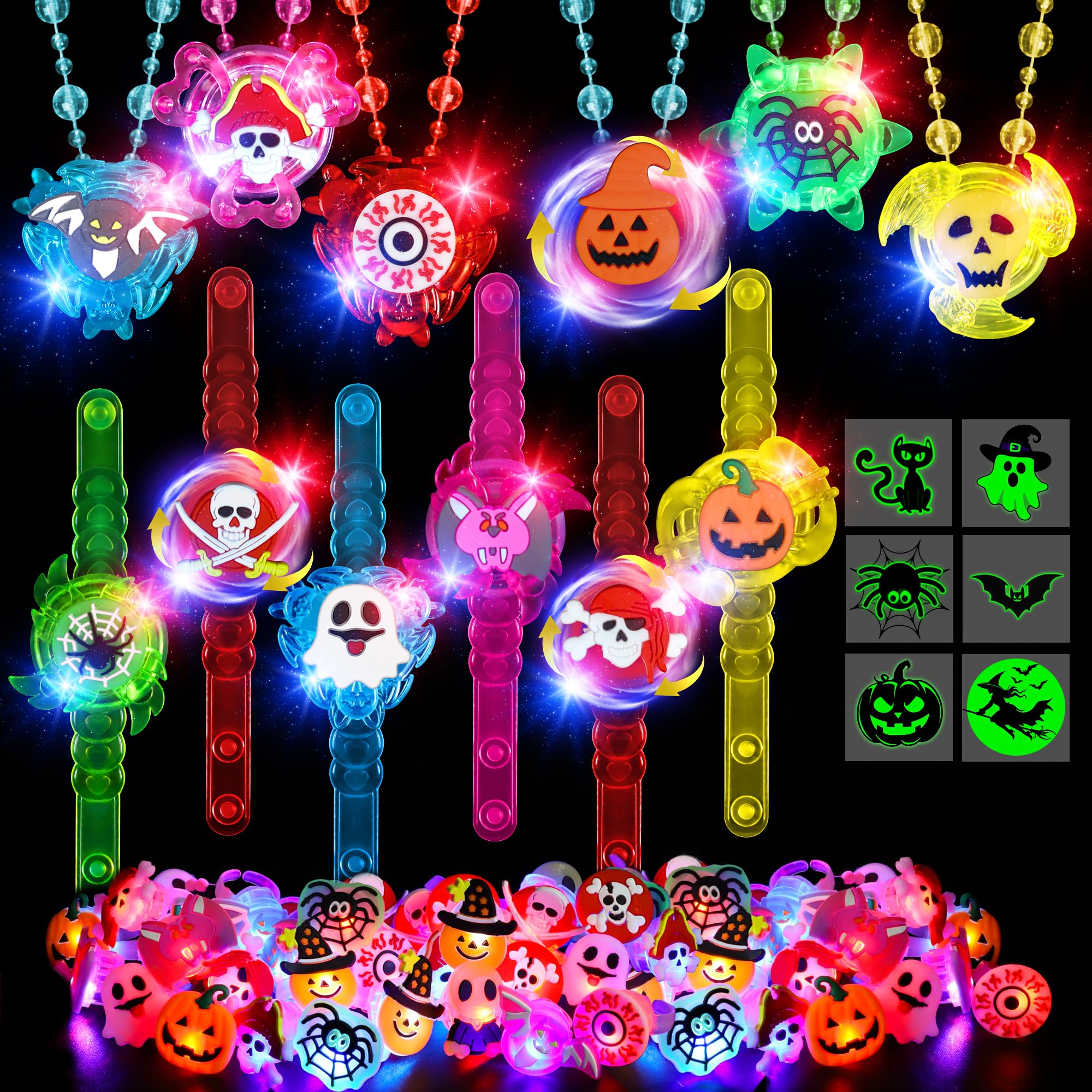 Photo 1 of 84PCS Halloween Party Favors for Kids, Glow in the Dark Toys Bulk Light up Rotating Necklaces Bracelets Rings Tattoos, Halloween Trick or Treats Toys Goodie Bag Stuffers Party Supplies Glow Sticks