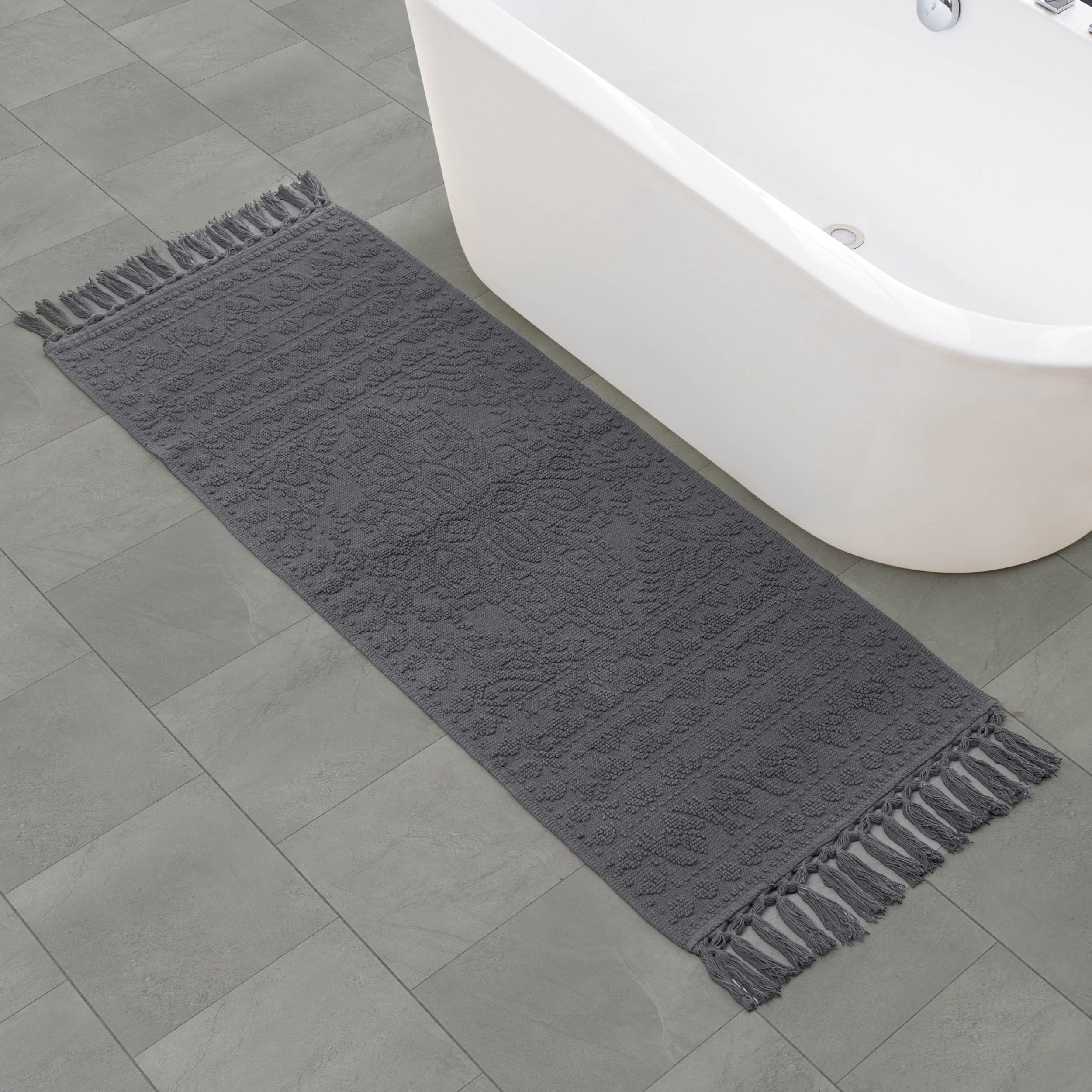 French Connection Nellore Bath Rugs, Woven and Beaded Bath Mats, Durable and Thick Bath Mats for Bathroom and Shower Rugs, 24" x 64", Charcoal Image