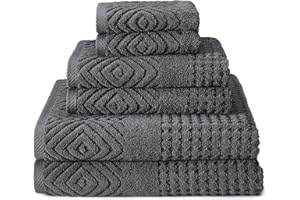 TEXERESILK Texere 100% Organic Cotton Diamond Jacquard 700 GSM Luxury Bath Towel Sets - Ultra Soft and Absorbent Hotel Quality, 2 Large Bath Towels, 2 Hand towels, 2 Washcloths (Diamond, Charcoal, 6 Piece)