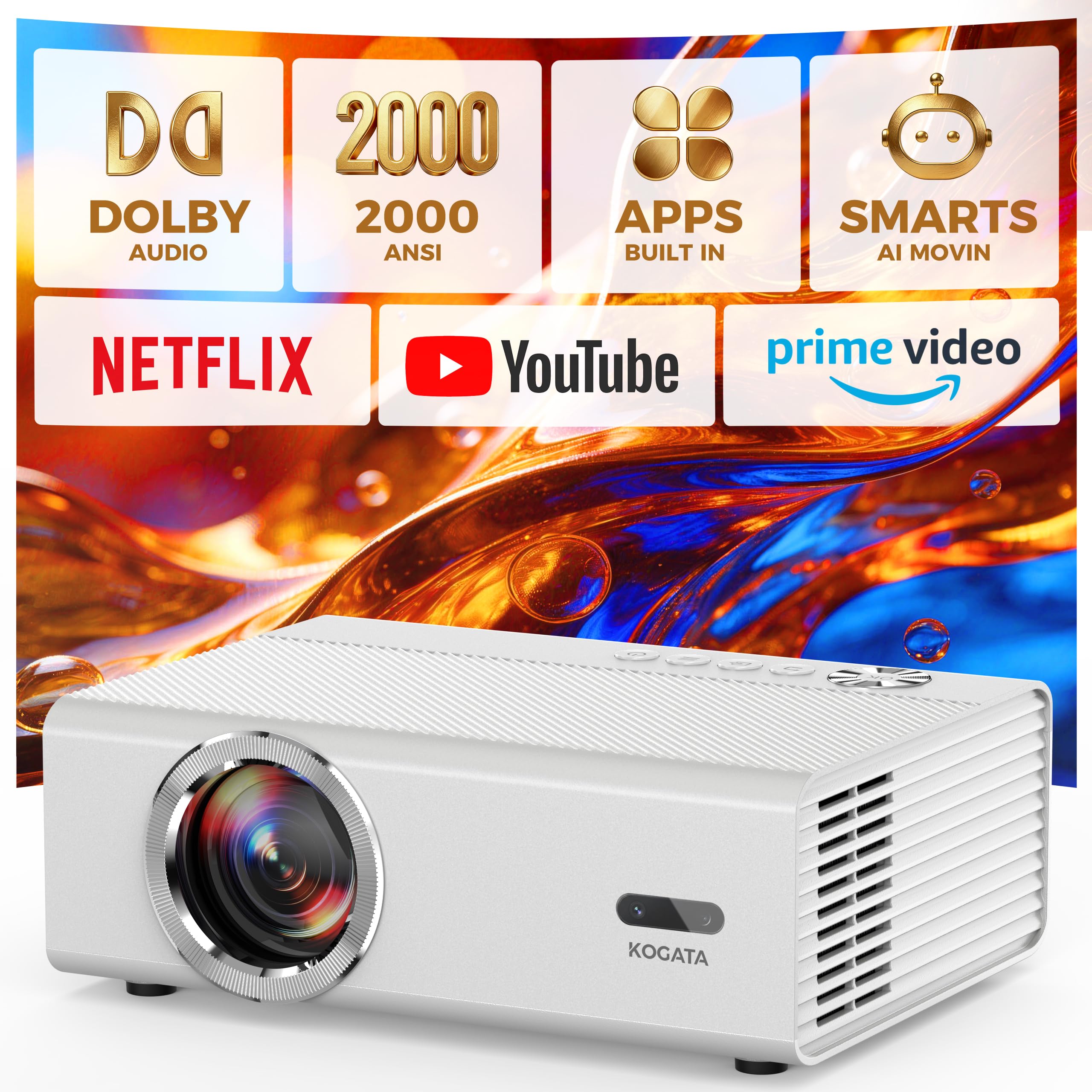 Photo 1 of Smart Projector with WiFi and Bluetooth, Proyector-4K Support Official Licensed Apps, 2000 ANSI/AI Auto Focus/DoIby/HDR10+/Quiet, Kogata Portable Indoor/Outdoor Movie Projector Ceiling