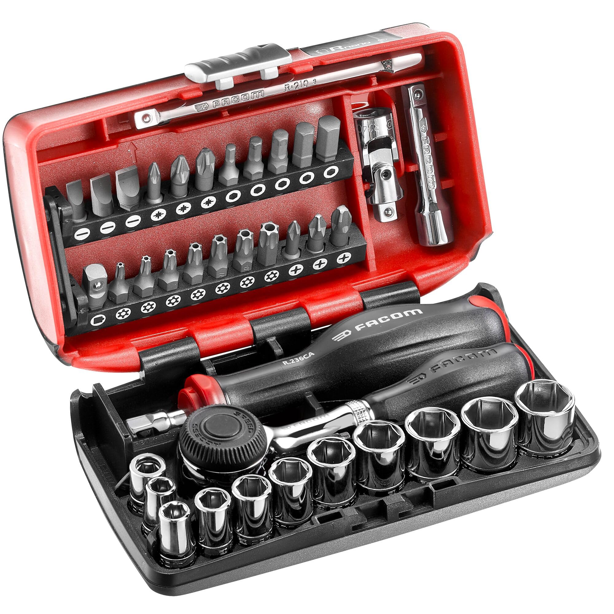 FACOM NANO 38 Piece 6-Point 1/4 Inch Metric Compact Complete Screwing and Tightening Set with R.360NANOPB Quick Action 360 Rotary Handle Ratchet, Red, 6 Point Metric