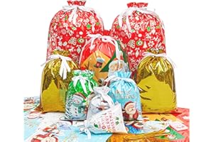 NACKIY Christmas Gift Bags, 24pcs Drawstrings Christmas Gifts Bags Bulk Assorted Sizes, Reusable Plastic Xmas Presents Wrapping Holiday Goody Bag With Ribbon Ties&Tags, Extra Large/Big/Medium/Small Size