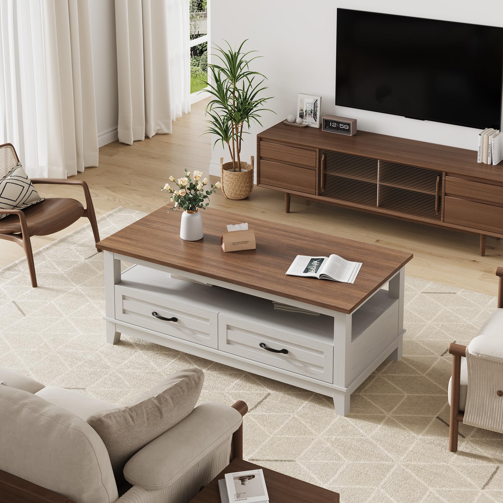 Photo 1 of GarveeHome Farmhouse Coffee Table with Drawers, 47.2" Center Table Rustic Coffee Tables Walnut Living Room Table with Open Shelf, 6 Support Legs
