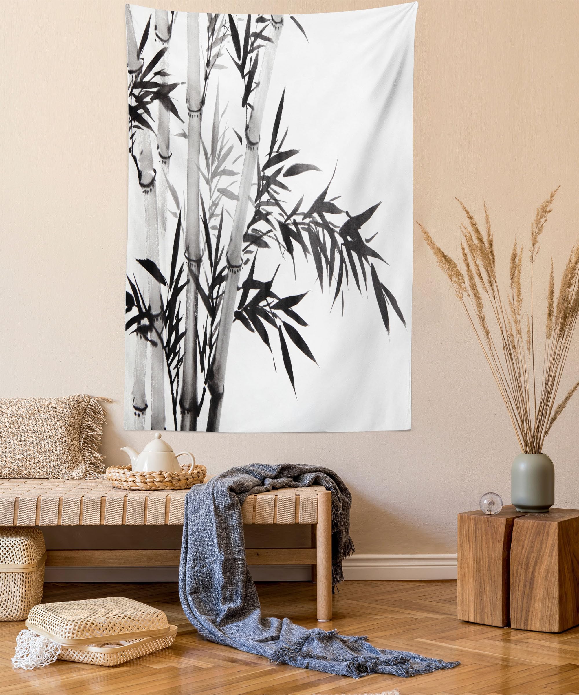 ABAKUHAUS Bamboo Tapestry, Bamboo Tree Image Traditional Chinese Calligraphy Style Culture Theme, Fabric Wall Hanging Decor for Bedroom Living Room Dorm, 140 x 230 cm, Grey White