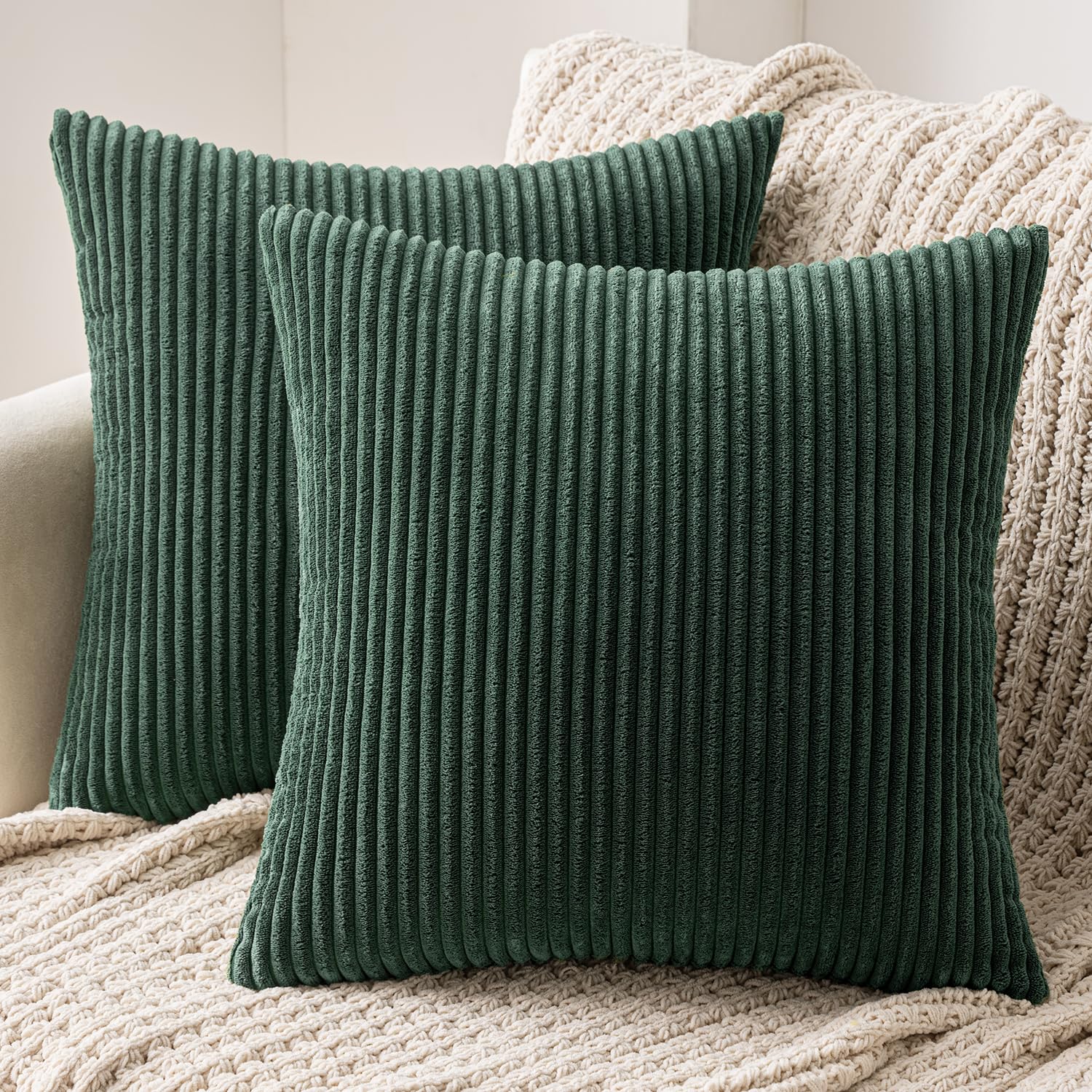 MIULEE Set of 2 Striped Corduroy Square Throw Pillow Case Soft Cushion Cover Sham Home for Sofa Chair Couch/Bedroom Decorative Fluffy Large Pillowcases 20x20 Inch 50x50cm Dark green — image 1