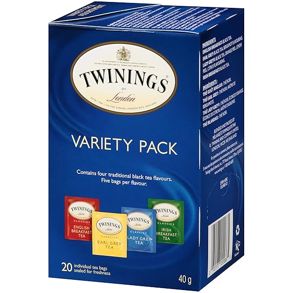 TWININGS VARIETY PACK BLACK TEA BAGS, 20 COUNT (PACK OF 1), INCLUDES ENGLISH BREAKFAST, EARL GREY, IRISH BREAKFAST, AND LADY GREY, CAFFEINATED, ENJOY HOT OR ICED, 20 TEABAGS